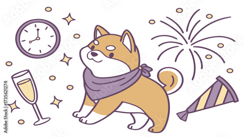 New Beginnings colored Shiba inu with a Funny touch, placed in a New Year's Eve/Day theme and styled with with a scarf