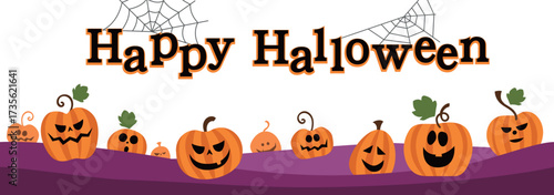 Halloween pumpkin seamless banner Spooky squash lanterns silhouettes scary jack-o-lanterns halloween endless flat vector background illustration 2