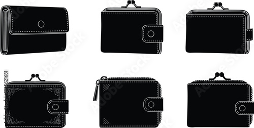 Vector set of wallets, clasp wallets, zipper wallets, button wallets, decorative wallets, coin purses, money holders, and compact leather accessories