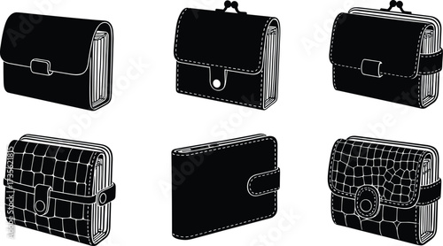 Vector set of wallets, leather purses, clasp wallets, button closure wallets, crocodile texture wallets, snap wallets, and compact money holders