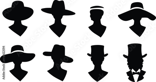 Vector silhouette collection of men and women wearing hats, including wide brim, cowboy, vintage top hat, fashion, and costume design