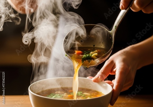 Steaming bowl of hot vegetable soup with ladle