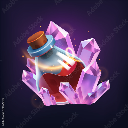 Detailed Fantasy Gradient Composition of Potions Crystals and Enchanted Objects