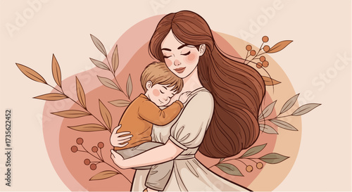 Illustration of mother holding her sleeping child tenderly with floral elements