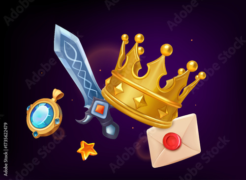 Fantasy RPG Composition with Magical Items Including Shield Sword and Crown Collection