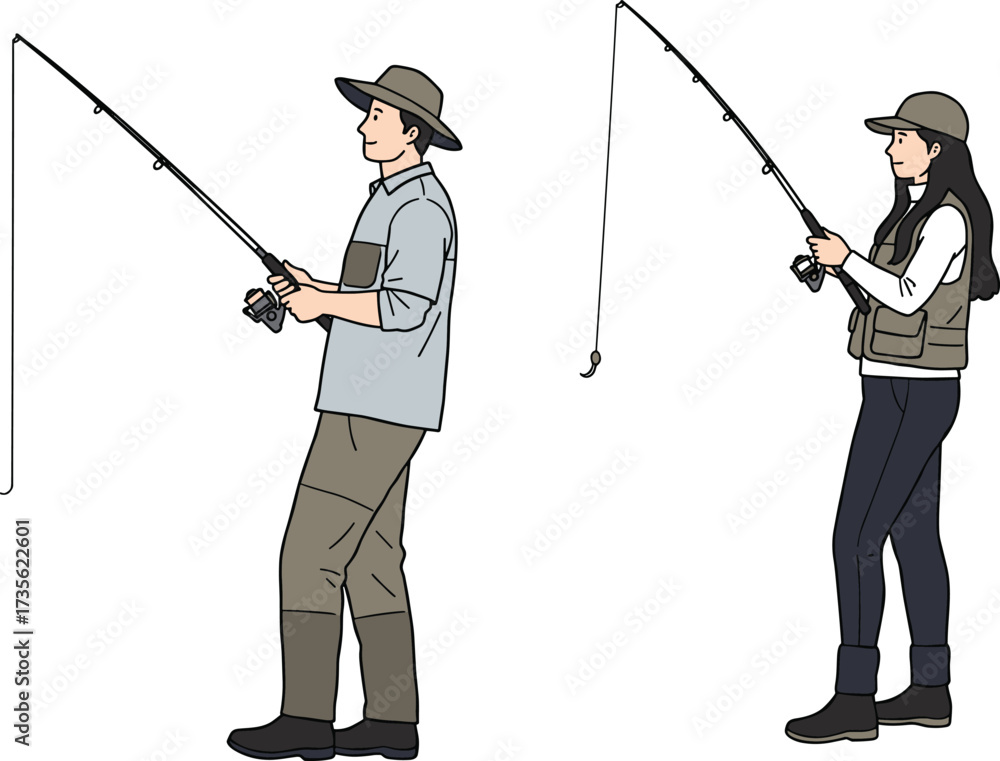 Obraz premium Fishing illustration, man and woman, casting rods, outdoor activity, nature, angling gear, boots, vest, hat, recreation scene