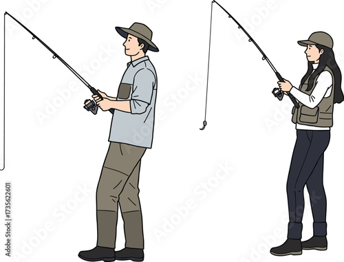 Fishing illustration, man and woman, casting rods, outdoor activity, nature, angling gear, boots, vest, hat, recreation scene