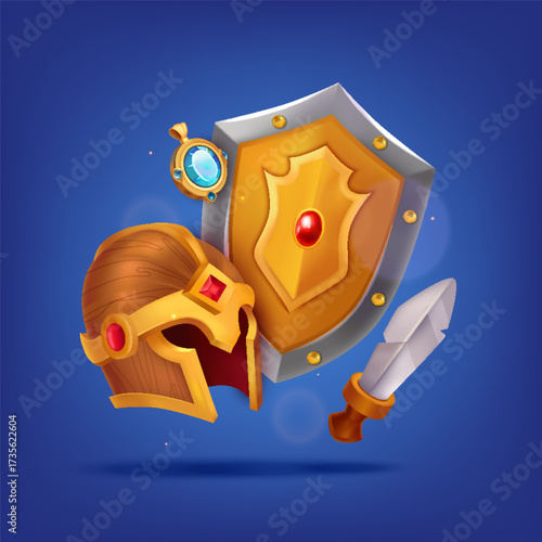 Full Fantasy Gradient Illustration with RPG Weapons Crystals and Helmets