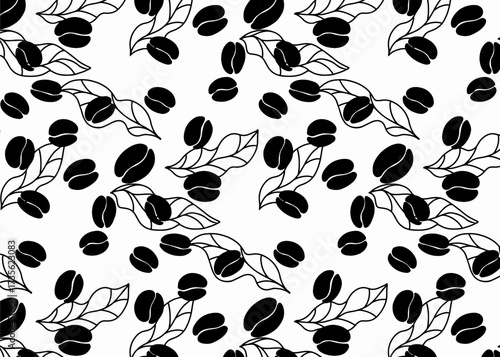 Black and white seamless pattern featuring coffee beans and leaves scattered across a white background.