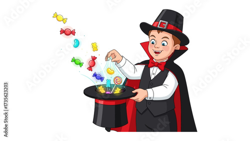 Quadro su tela Magician's Candy Trick: A young magician, full of wonder, unveils a candy-filled spectacle, conjuring delight and amusement with his charming performance and whimsical touch