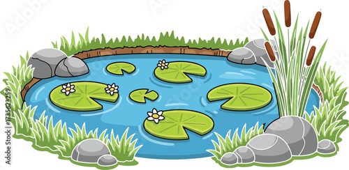 Illustration of cartoon pond with lily pads, rocks, and cattails isolated on white background