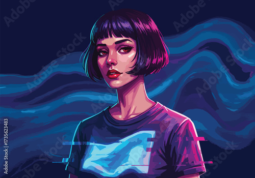 A vibrant digital illustration of a stylish woman with short black hair, gazing forward against a blue and purple background.