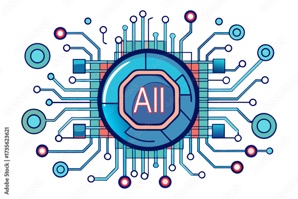 Fototapeta premium High-tech illustration of an artificial intelligence (AI) microchip with glowing blue digital circuit lines, symbolizing advanced technology, machine learning, data processing, and futuristic computin