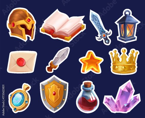 Collection of Fantasy Gradient Stickers with Magical Weapons Crowns and Potions