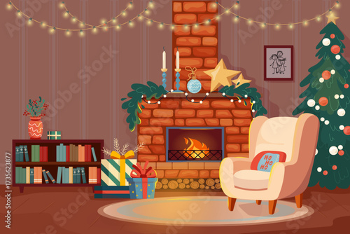 Christmas interior with cozy fireplace, decorated tree, gifts and warm armchair. Festive holiday scene full of comfort and joy Xmas home vector illustration with copy space for greeting cards, banners