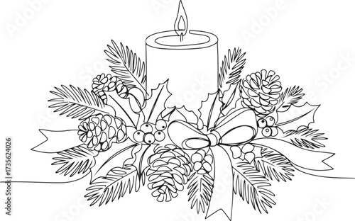 Festive Christmas centerpiece with candle pine cones and holly