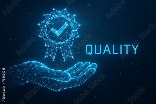 Futuristic digital hand holding glowing quality assurance icon with check mark in blue hologram style