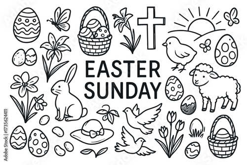 Easter sunday doodle: eggs, bunny, flowers, and cross celebrations