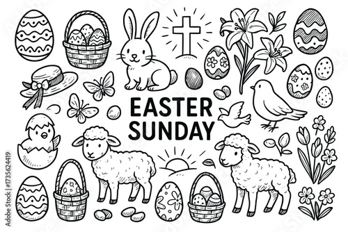 Easter sunday illustrations with eggs, bunny, lambs, and flowers