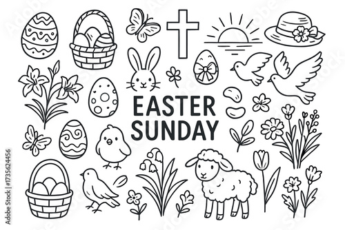 Easter sunday doodles: eggs, basket, bunny, cross, flowers, lamb