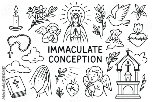 Immaculate conception: religious symbols with angels, virgin mary, and doves