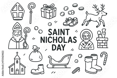 Saint nicholas day celebration icons: santa, gifts, reindeer, and more