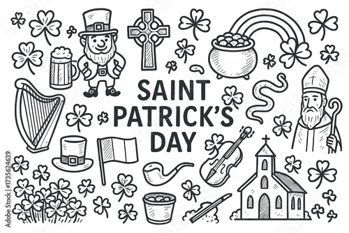 Saint patrick's day icons: leprechaun, shamrocks, pot of gold, harp, irish flag