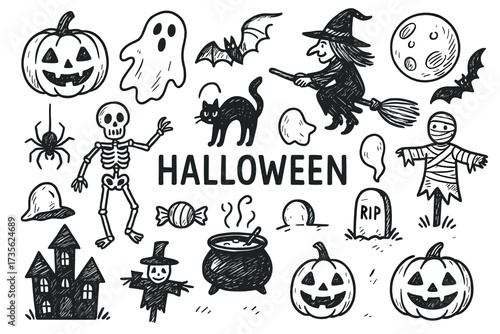 Halloween doodle collection: pumpkins, ghosts, witch, skeleton, and spooky elements