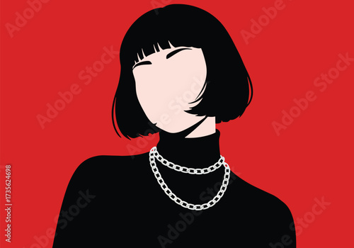 Minimalist illustration of a woman with a bob haircut wearing a turtleneck and chain necklace against a red background.