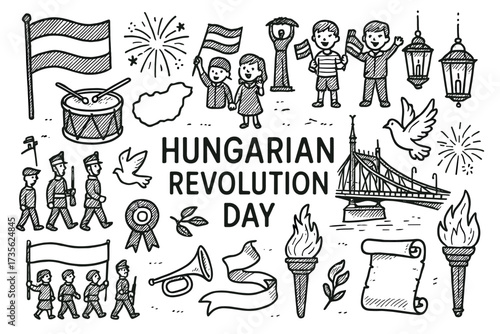 Hungarian revolution day celebration symbols and icons in black and white sketch
