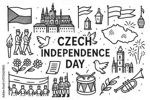 Black and white czech independence day illustrations with symbols and landmarks