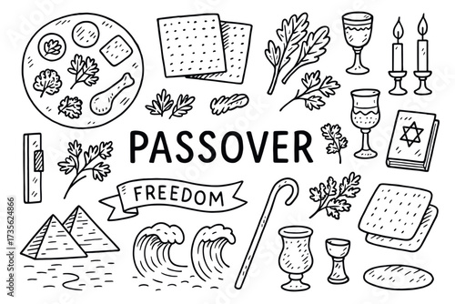 Passover symbols: seder plate, matzo, and ritual objects illustration in black and white
