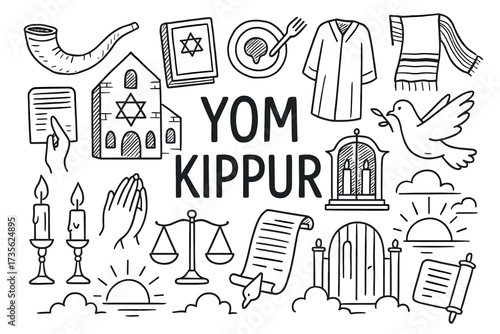 Yom kippur symbols: shofar, synagogue, prayer, fasting, dove, scales, candles, tallit