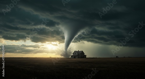 Tornado over house in dramatic cloudy sky storm weather disaster concept