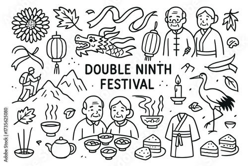 Double ninth festival celebration icons with elderly asian figures and traditional symbols