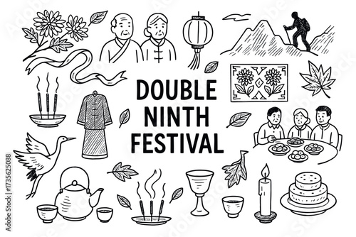 Double ninth festival celebration: traditional symbols and activities illustrated