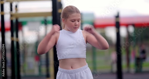 Beautiful blonde girl dancing at a sports stadium in the fresh air
