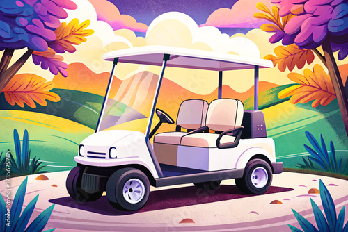 Pristine white golf cart featuring a comfortable interior and sturdy build, highlighted in a clean modern presentation, illustrated in high-quality detailed vector style