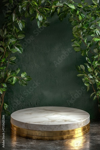 Elegant Round Marble Podium with Gold Accent and Greenery