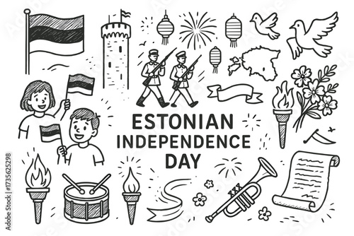 Illustration celebrating estonian independence day with symbols and characters
