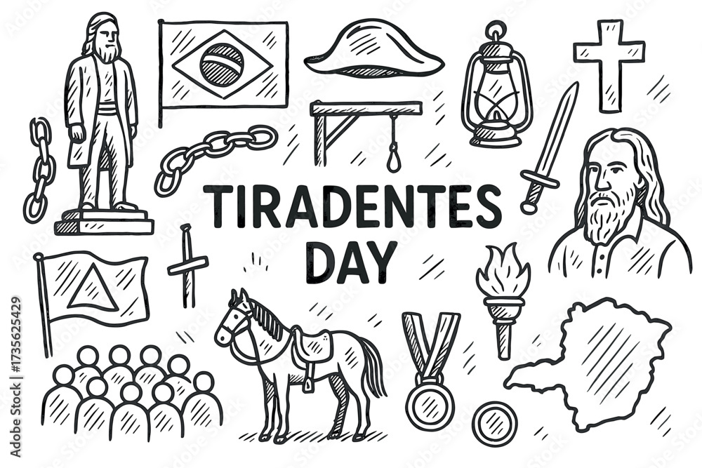 Obraz premium Tiradentes day celebration: icons of brazilian history and culture in black and white sketches