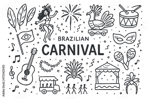 Brazilian carnival elements: dance, music, and festivities in black and white