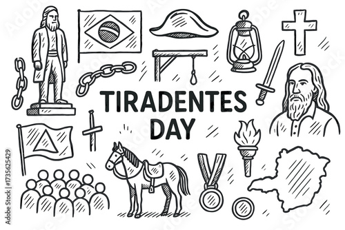 Tiradentes day celebration: icons of brazilian history and culture in black and white sketches