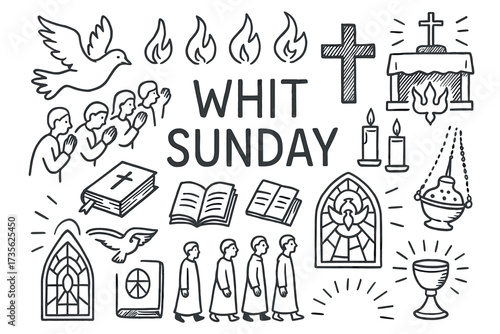 Whit sunday religious symbols and imagery black and white illustration