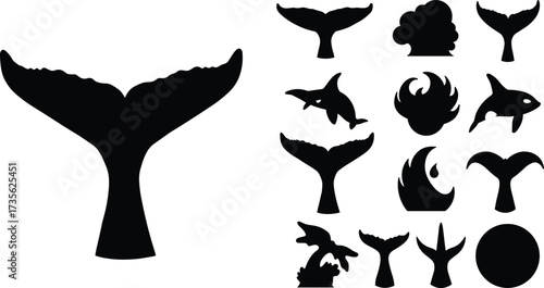 Whale tail silhouettes with dolphin, orca, ocean waves, water splash and sun black marine life vector icons