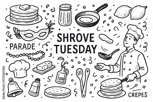 Shrove tuesday celebration with crepes and cooking elements in black and white illustration