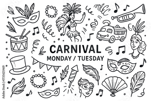 Carnival celebration doodles with masks and musical instruments