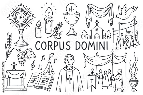 Corpus domini celebration icons with religious symbols and church elements
