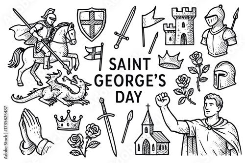 Saint george's day symbols: knight, dragon, castle, armor, sword, shield, crown, church