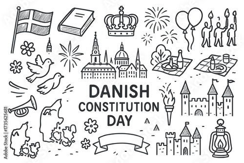 Danish constitution day celebration symbols: flag, crown, skyline, pigeons, castle, fireworks